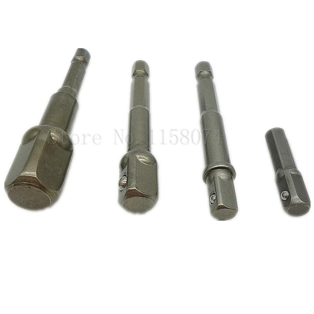 

4pcs Socket Bit Adapter Drill Nut Driver Power Extension Bar Set Quick Change 1/4" Hex Shank To 1/4" 3/8" 1/2" Square Driver