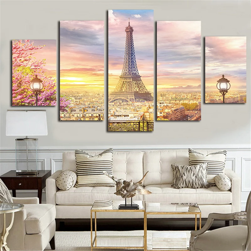 

Canvas Wall Art Pictures Framework Home Decor 5 Pieces Beautiful Paris Eiffel Tower Abstract Landscape Painting HD Prints Poster