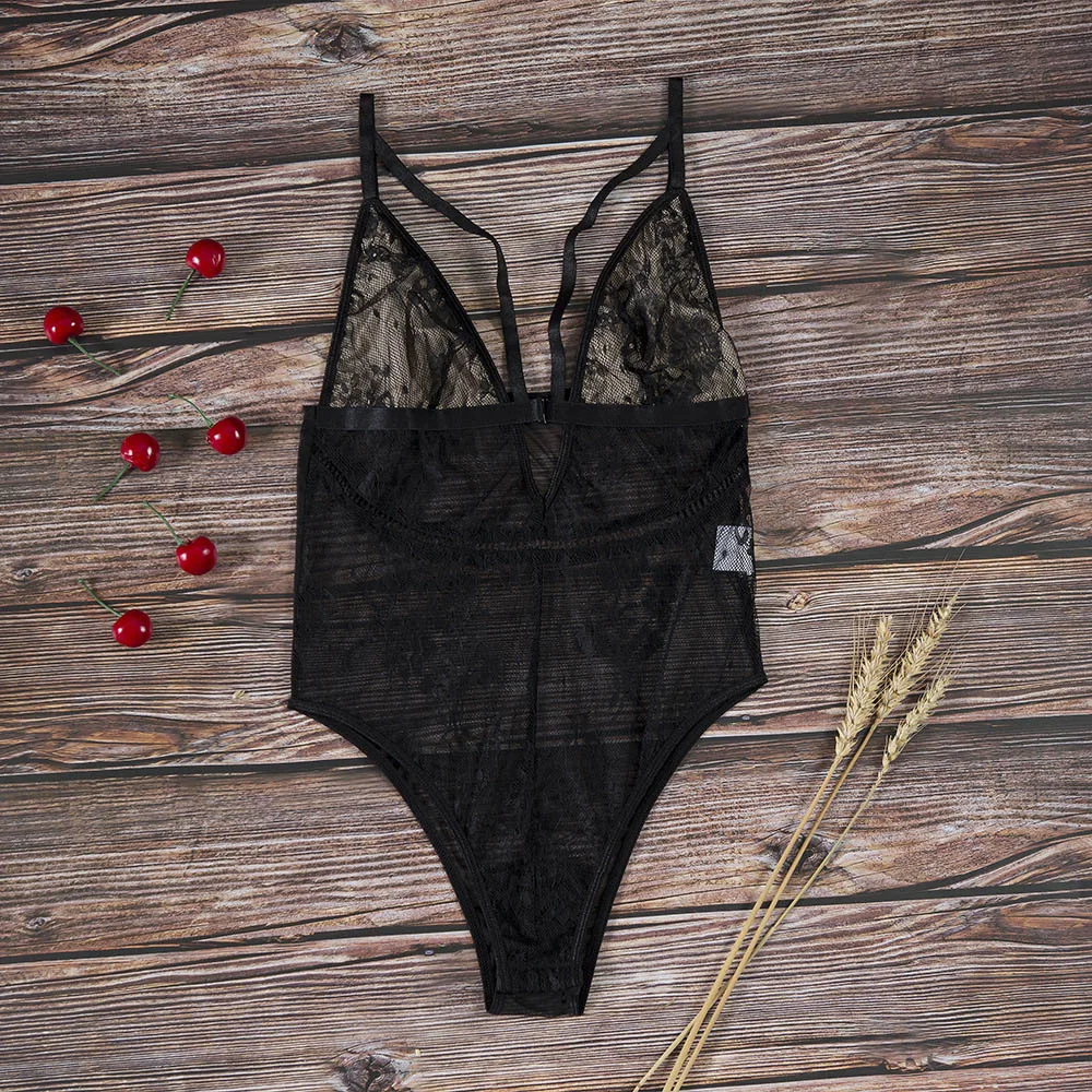 Women Sexy Bodysuit Baby Girl Skinny Lace V Neck Black See Through Patchwork Mesh Hollow