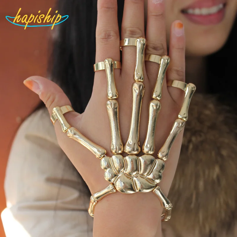 

Hapiship Fashion Style Gold Halloween Hand Skull Skeleton Elastic Bracelet Bangle + Rings RCH Cool Free Shipping