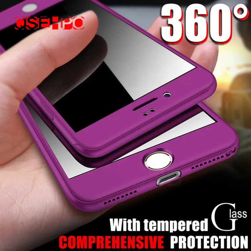 QSEHPO 360 Full Cover Phone Case For iPhone X 8 6 6s 7 PC Protective Cover For iPhone 7 8 Plus 6S 6 S Plus Case Cover With Glass