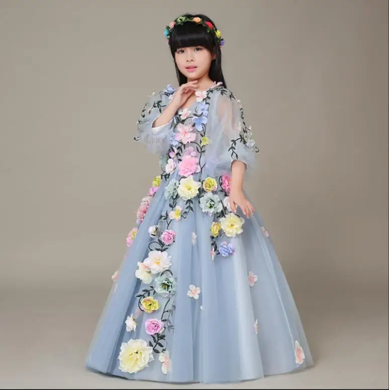 Синее платье для первого причастия с оборками и квадратным воротником, платье с цветочным узором для девочек платье принцессы для первого причастия HB2017