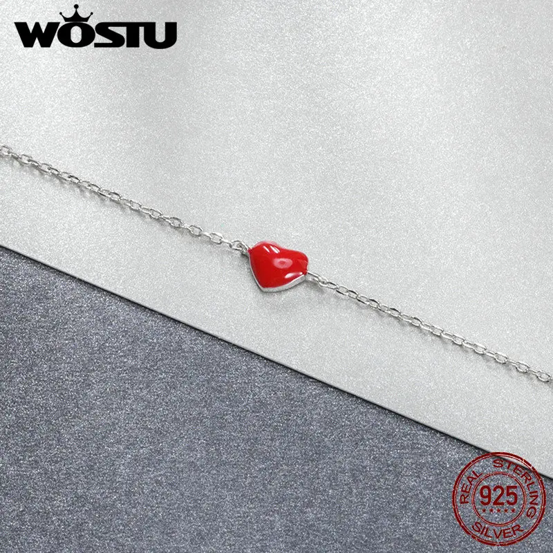 WOSTU Настоящее серебро 925 пробы модный эмалевый браслет с красным сердцем для