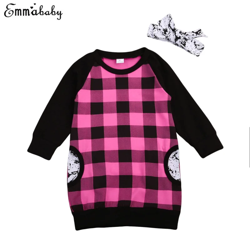 Одежда для маленьких девочек детское осеннее платье для девочек платье с длинными рукавами Повседневные клетчатые прямые платья в стиле пэчворк комплект с повязкой на голову
