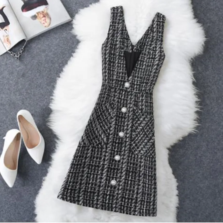 

plus size 3XL!Strap dress autumn winter 2019 plaid V-NECK SINGLE BREASTED tweed slim woolen vest dress