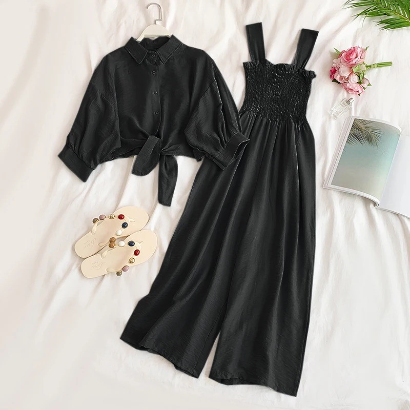 

2019 new fashion women's clothing adult Two-piece loose versatile Top + strap tube top wide leg rompers two-piece women