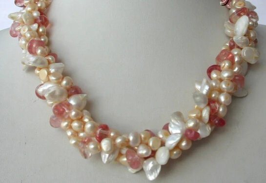 

Jewelr 005091 4strands baroque freshwater cultured pearl pink crystal necklace