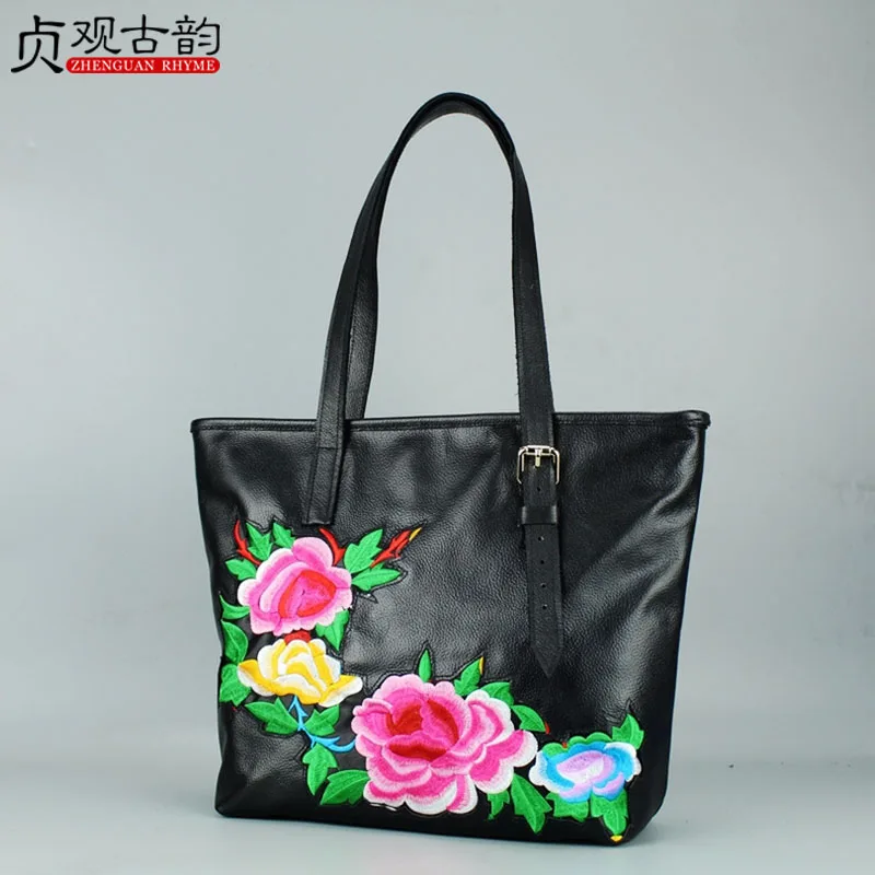 

Genuine Leather Lady Shoulder Handbag Women Handmade Ethnic Flower Embroidery The First Layer Cowhide Casual Femme 2019 Hand Bag