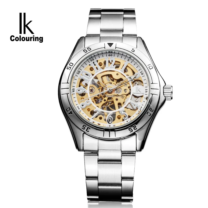 

Original IK colouring mens business watches mechanical automatic gold silver skeleton male clocks stainless steel waterproof