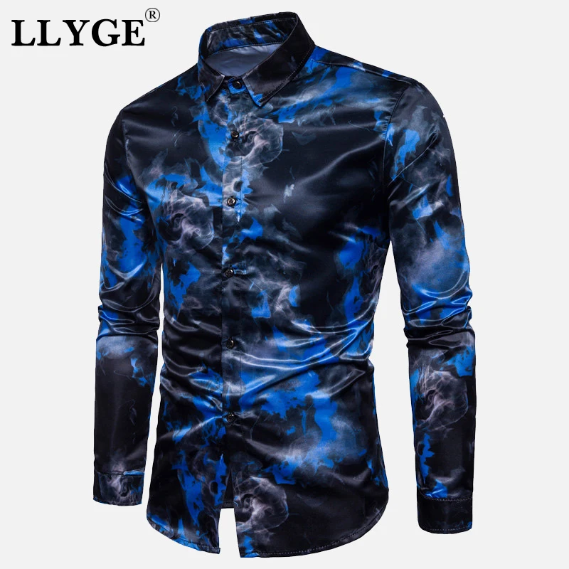 Skup Satyna jedwabna kwiatowy Print koszula męska Top skręcić w dół kołnierz z długim rękawem Slim Fit człowiek koszule biznesowe topy letnie ubrania Streetwear