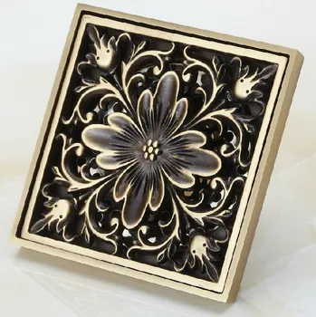 

NEW Antique Brass 4"(101mm) Square Carve Flower Pattern Floor Drain Bathroom Shower Waste Washing Drain Grate ahr015