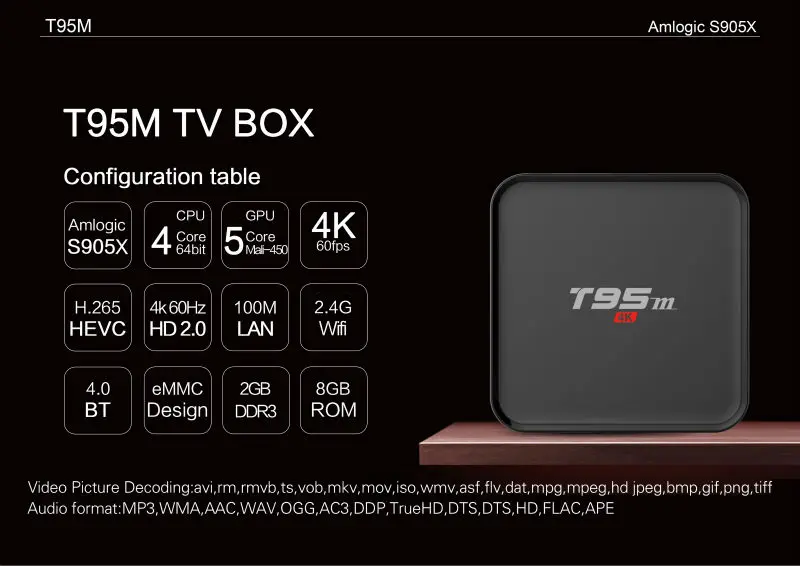 Android tv Box Sunvell T95M 2 ГБ 8 ГБ 2,4G WiFi Amlogic S905X четырехъядерный Android 6,0 H.265 4K медиаплеер телеприставка T95M