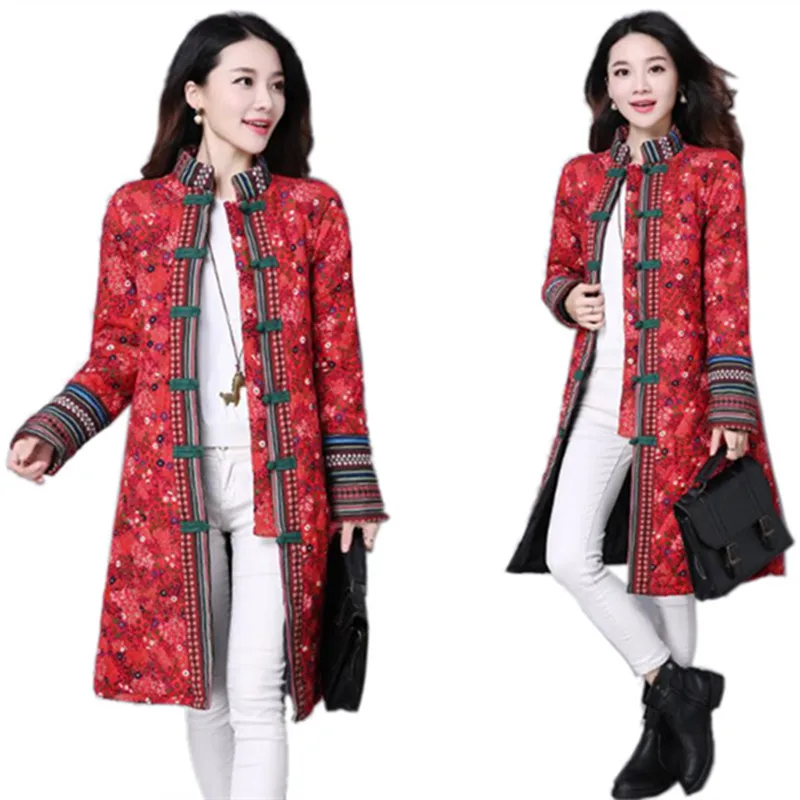 Chinese Flowers Coats Women Winter 2016 Linen Long Down Coat Plus Size