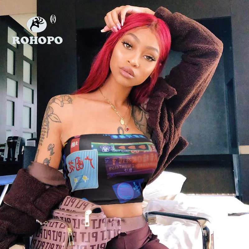 

ROHOPO Streetwear Harajuku Tube Crop Top Woman Tumblr Sleevelesss Corseted Sexy Crochet Tops Under Tops Jersey Hippie Tee Shirt