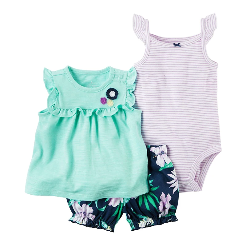 sleeveless floral T shirt tops+romper+shorts summer clothes set for baby girl 2021 newborn outfit babies clothing suit cotton baby outfit matching set