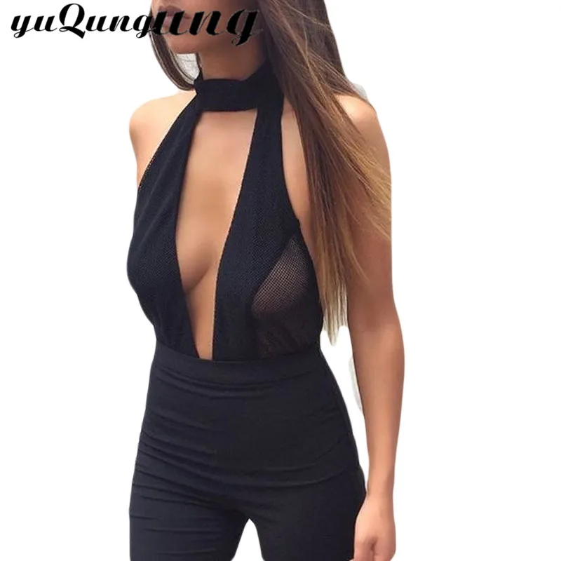 yuqung Sleeveless Sexy Bodycon Bodysuit Women deep v neck