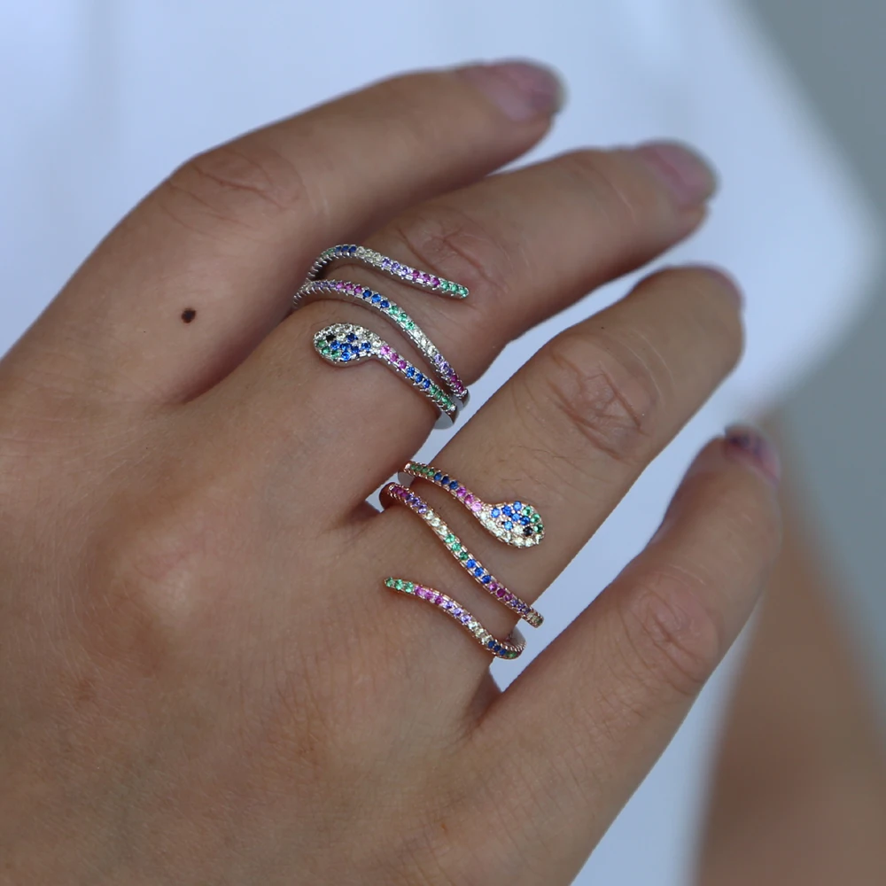 Высокое Качество Радужный красочный кубический цирконий многоцветное кольцо для женщин полный палец в форме змеи крошечное нежное кольцо Модные ювелирные изделия
