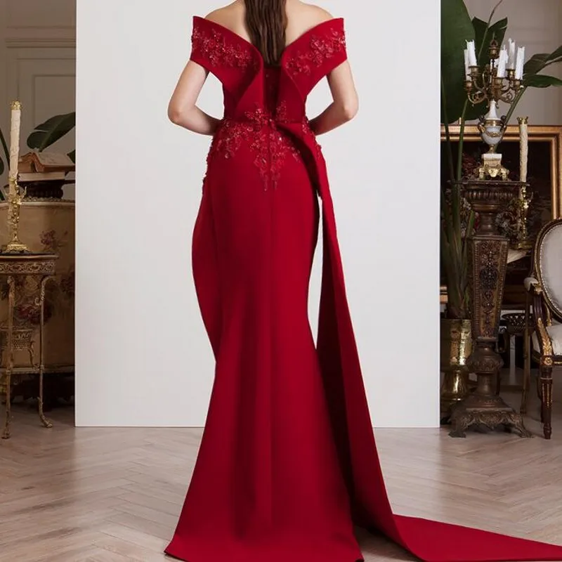 Элегантное вечернее платье Русалка с открытыми плечами, длинное Бордовое платье для выпускного вечера, кружевное с аппликацией из бусин, винно-красное вечернее платье