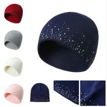 Новая модная женская Вязаная Шапка-бини, стразы, Декор, зимний лыжный с подогревом, громоздкие однотонные кепки