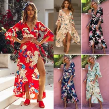 Новинка, высокое качество, с v-образной горловиной и цветочным рисунком с разрезом и высокой талией СПЛИТ, Повседневное платье с длинным рукавом пляжное платье на бретельках для женщин