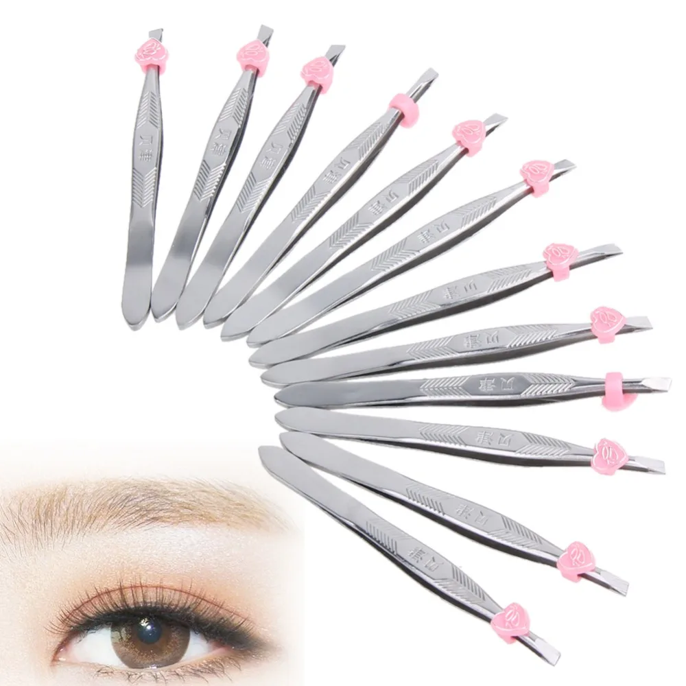 Buy 12pcs/set Slant Eyebrow Tweezers Stainless Steel Face Hair Removal Eye Brow