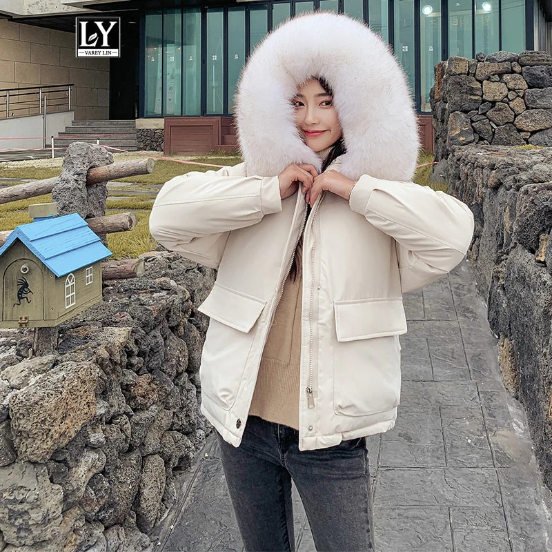 

Ly Varey Lin Faux Fur Collar Short Down Cotton Padded Parkas Women Winter Loose Hooded Jackets Pink Black Casual Snow Outwear
