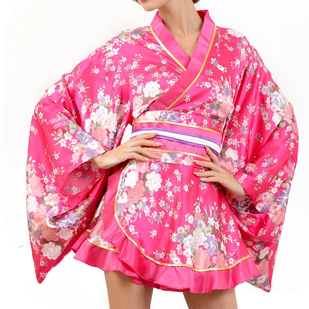 Для женщин Роскошные Короткие кимоно костюм для косплея сладкий японский цветочные платья кимоно сексуальный наряд для девочек шелк