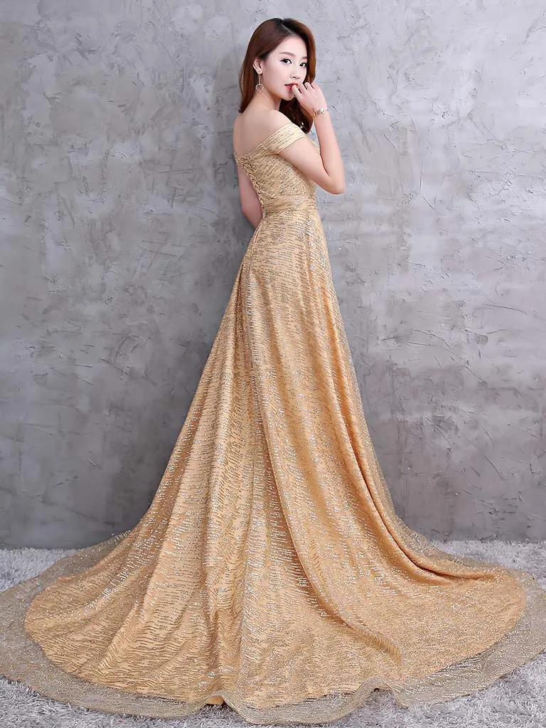 Высокое качество вечернее платье Новая мода развертки поезд с открытыми плечами элегантное Золотое платье выпускного вечера назад на шнуровке вечерние платья