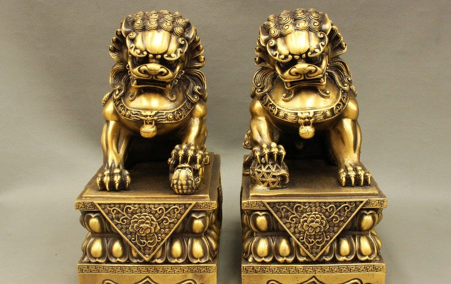 

Classic Chinese FengShui Pure Bronze Guard Door Foo Fu Dog Lion Seat Statue Pair