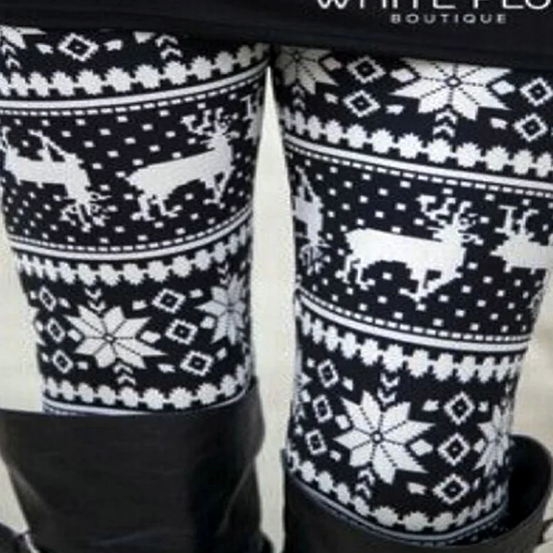 LNRRABC женские зимние рождественские обтягивающие Стрейчевые штаны средней длины до щиколотки с принтом, девять штанов, женская одежда и аксессуары - Цвет: Black
