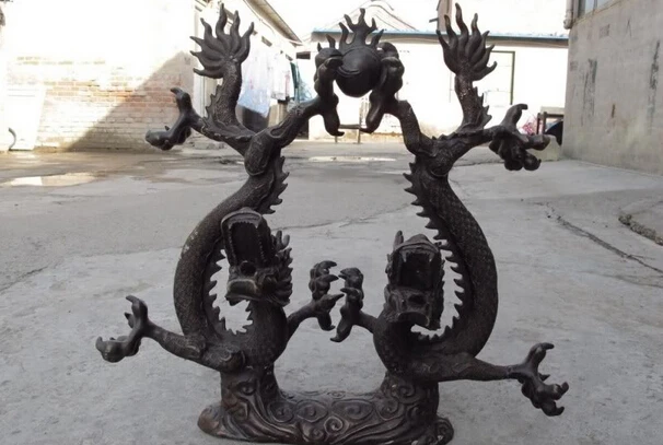 

S0855 Chinese Folk Classic Bronze Copper Feng Shui Two Dragon Play Bead Ball Statue D0318