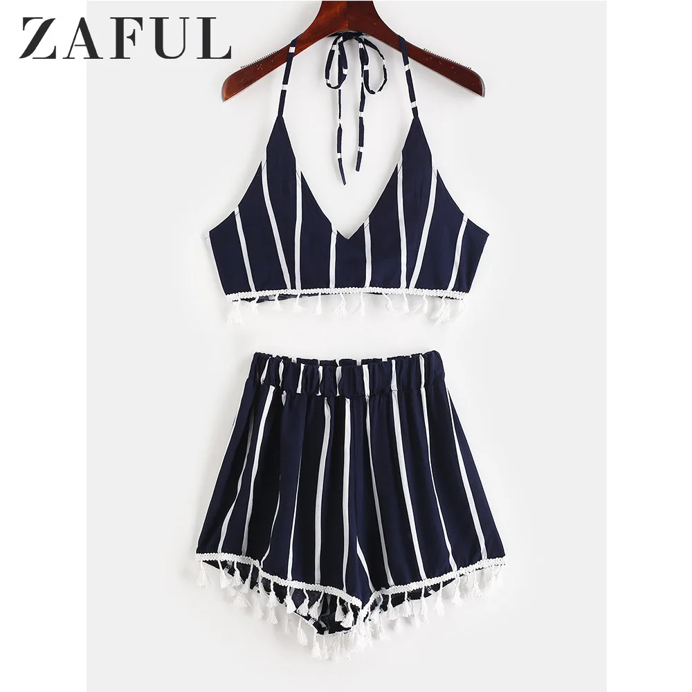 

ZAFUL Striped Halter Crop Top Shorts Two Piece Set Summer Beach Women Set 2019 New Fashion Casual Pleated Suit Ladies Clothes