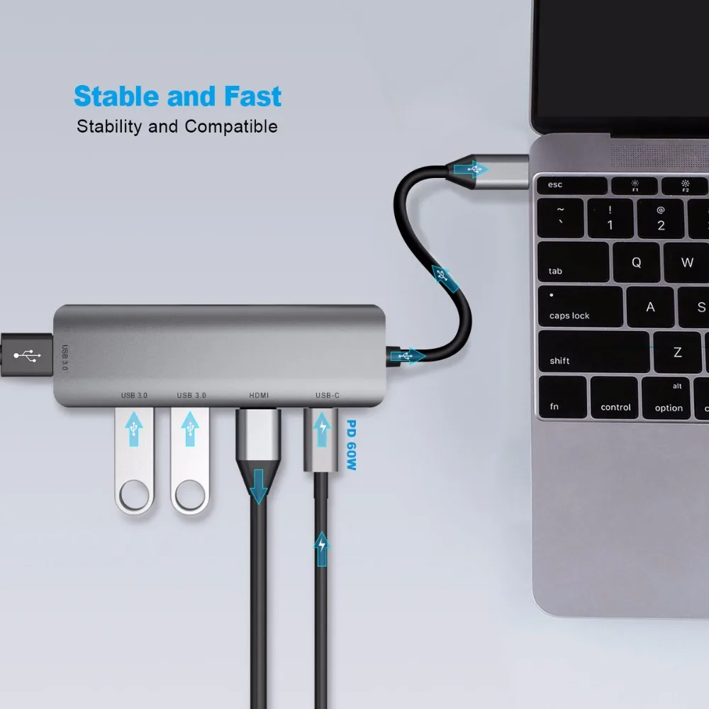 USB C концентратор адаптер type-C к HDMI адаптер 4K@ 30Hz HDMI выход USB C док-станция питания 60 Вт с 3 x USB 3,0 порты алюминиевый корпус