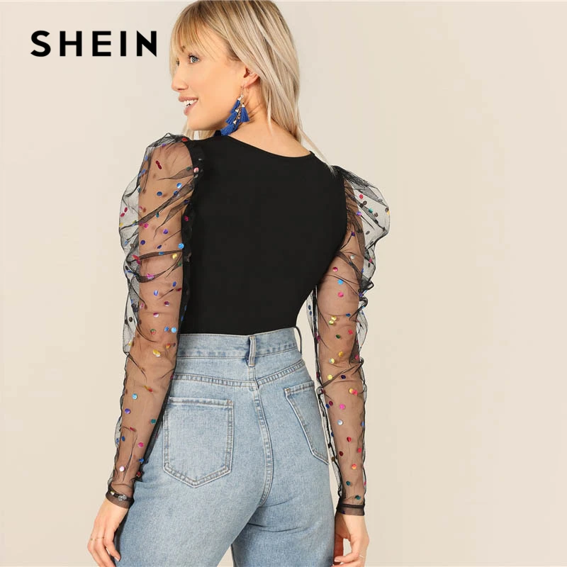 SHEIN الأسود الملونة نقطة نفخة الكتف شبكة Gigot كم نحيل المحملة O-الرقبة تي قميص المرأة الربيع سليم صالح حزب نادي التي شيرت قمم