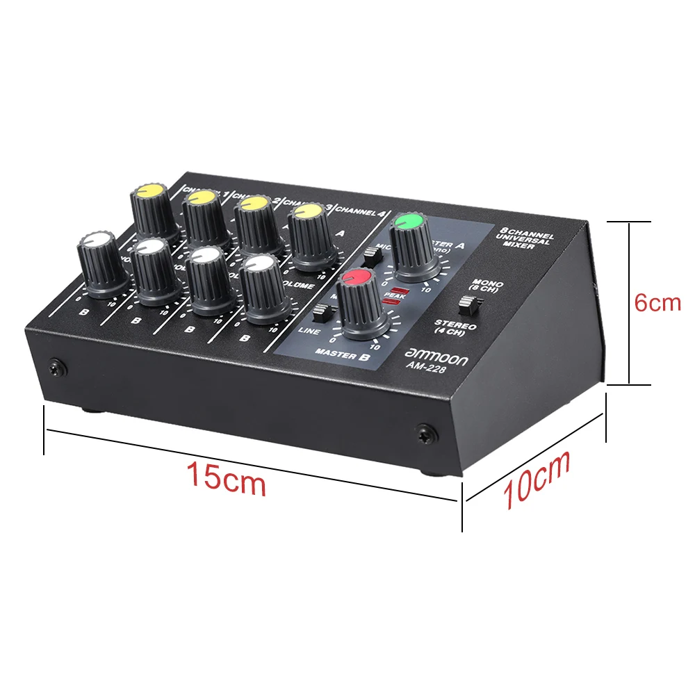 Ammoon AM-228 ультра-компактный низкий уровень шума 8 каналов Металл Моно Стерео Аудио Звук микшер с адаптером питания кабель