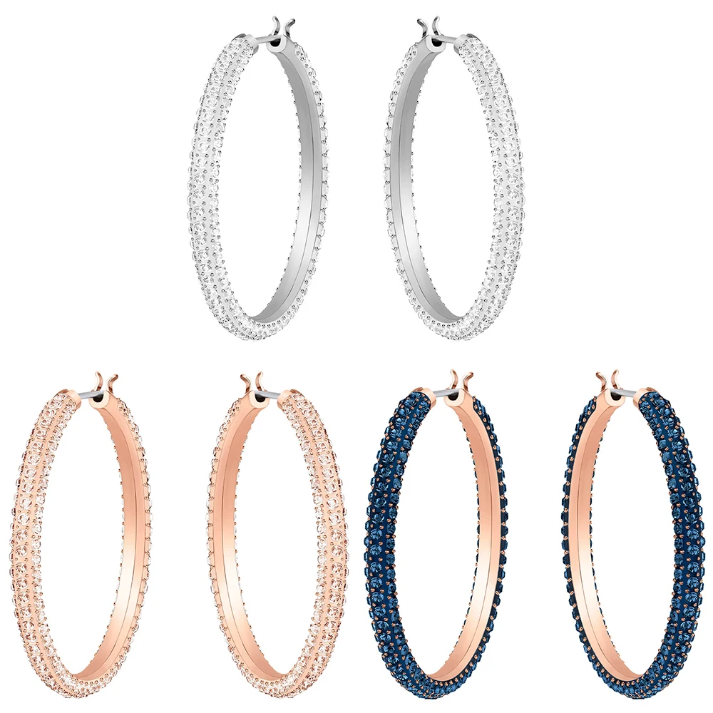 

SWA RO 2019 New Big Circle Crystal Stone Hoop Pierced Earrings White Rose Gold Pink Women's Jewelry Anniversary Free Shipping