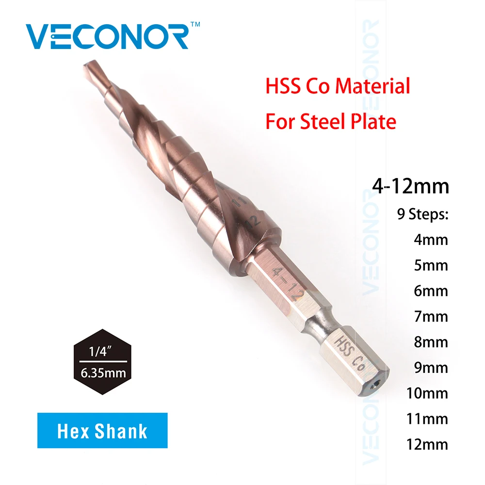 

Veconor 4-12mm Impact Step Drill Bit With Double Spiral Flute Design HSS Cobalt Multiple Hole Cutter Tool Set 1/4" Hex Shank