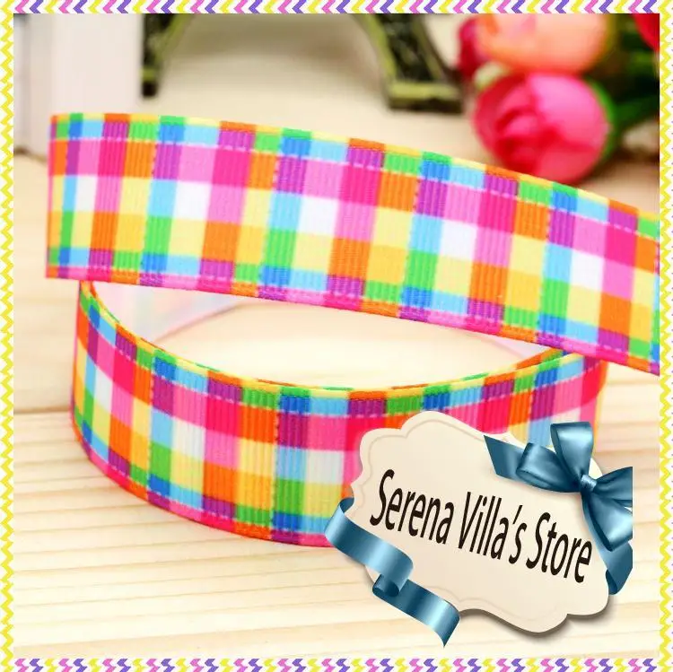 

High quality printed ribbon 50 yards Grid baby hair ribbons 100% polyester single face