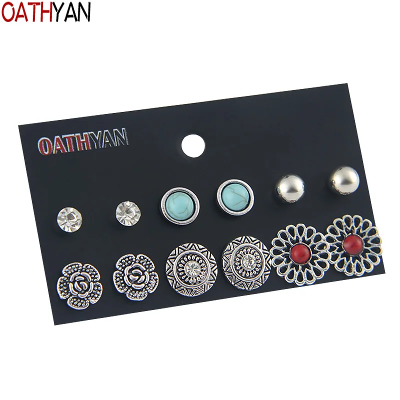 

OATHYAN 6 Pairs/Set Women's Ancient Silver Color Metal Flower Stud Earrings Sets Female Vintage Green Stone Rhinestone Earring