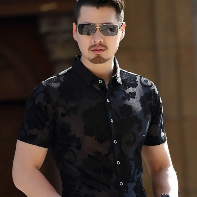 

Mens Velvet Shirt Hollow Out Floral Transparent Basic Shirt Button Business Tops C13
