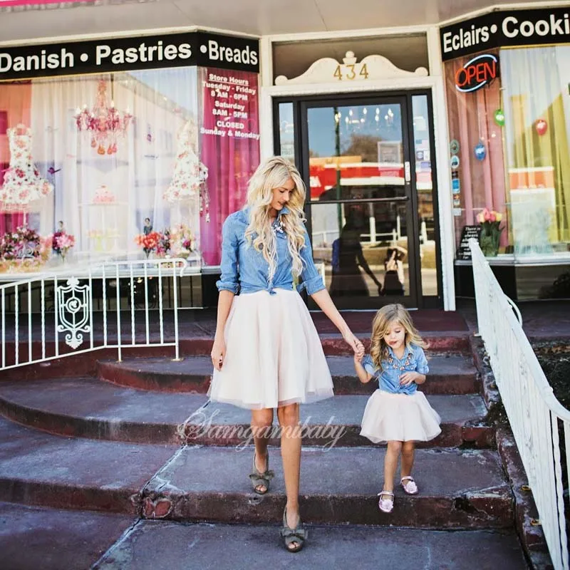 

Family Matching Clothes Cowboy Coats Ball Gown Skirt Mother Daughter Outfits Mom Kid Girl Fashion Family Suits Mammy Child Set