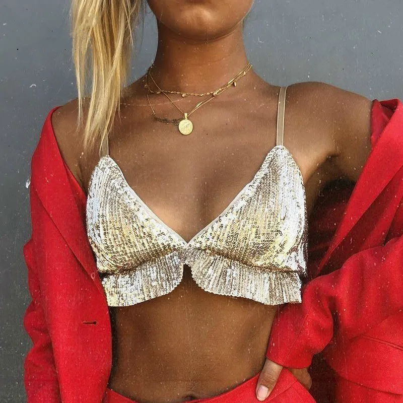 

PFFLOOK Sexy Summer Tanks Tops Women Spaghetti Strap V-neck Beach Wear Crop Top Holiday Sequined Bralette Tees 2019