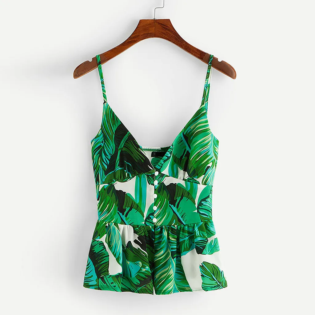 

summer Womens V Neck Spaghetti Strap Sleeveless Backless camis Tropical rainforest leaves Printed Top sexy fashion Shirt