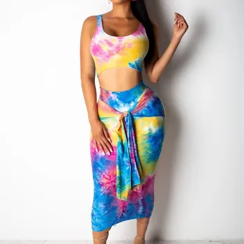 

Women Rainbow Tie Dye Two Piece Set Sexy Package Hip Skirt Set Lace Up 2pcs Matching Sets Club Outfits
