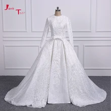 Jark Tozr Long Sleeve Lace China Bridal Gowns Vestidos De Renda All Over Pearls Luxury Muslim Wedding Dresses Detachable Train