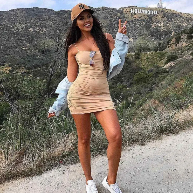

Suumer Dresses 2019 New Women Summer Sexy Solid Strap Sleeveless Square Collar Skinny Draped Short Pencil Dress