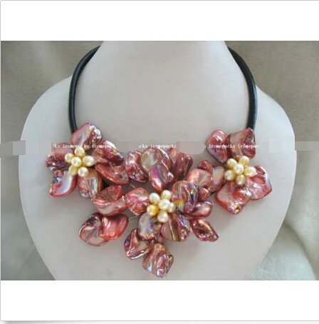 

charming ! 17.5" red shell and yellow FW pearl necklace @^Noble style Natural Fine jewe FREE SHIPPING ##a #a