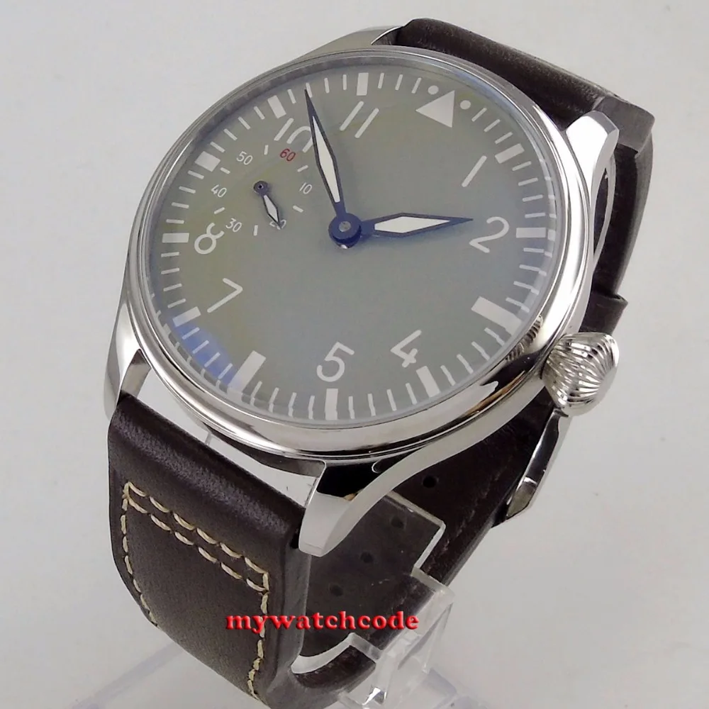 44 мм orologio PARNIS, серый циферблат, 6497 часовой механизм, механические, ручная обмотка, повседневные кожаные мужские часы P458C
