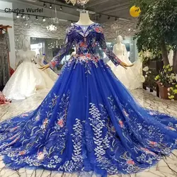 LS11234 синие вечерние платья с длинным шлейфом с круглым вырезом и длинными рукавами, вечерние платья с цветами, длинное бальное платье