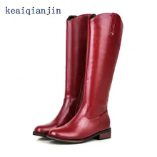 Zipper Kong Boots 2017 Plus Size Low-heeled High Boots Winter Short Plush Womens Shoe Leather Buckle Thicken Zipper Long Boots